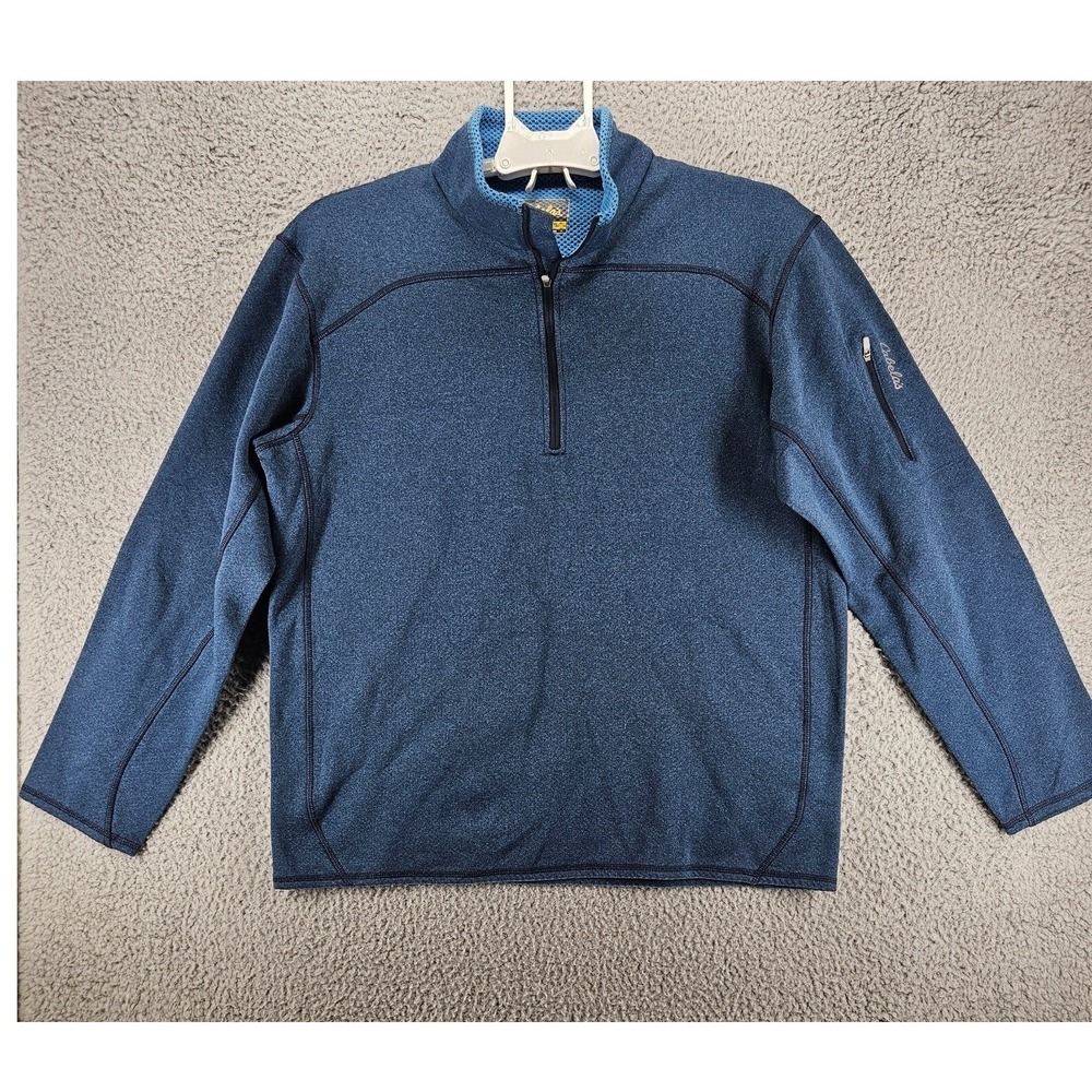Cabelas Mens Medium Blue Heathered Quarter Zip Pullover Active Sleeve Pocket‎